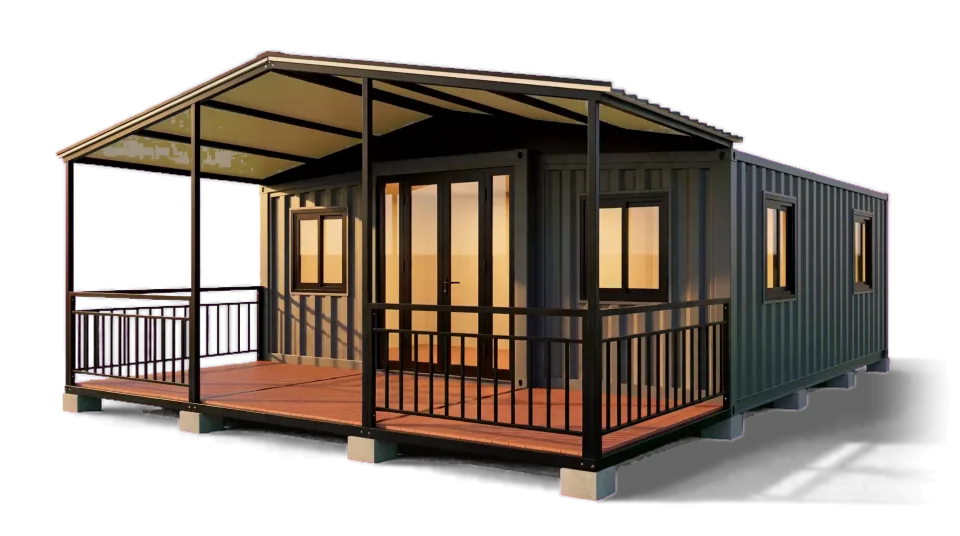 Maison modulaire renforcée Metalkaz en tôle ondulée anthracite avec terrasse couverte
