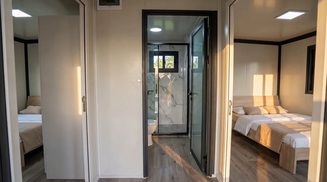 Dégagement menant à la salle d'eau avec douche vitrée, une chambre de chaque côté