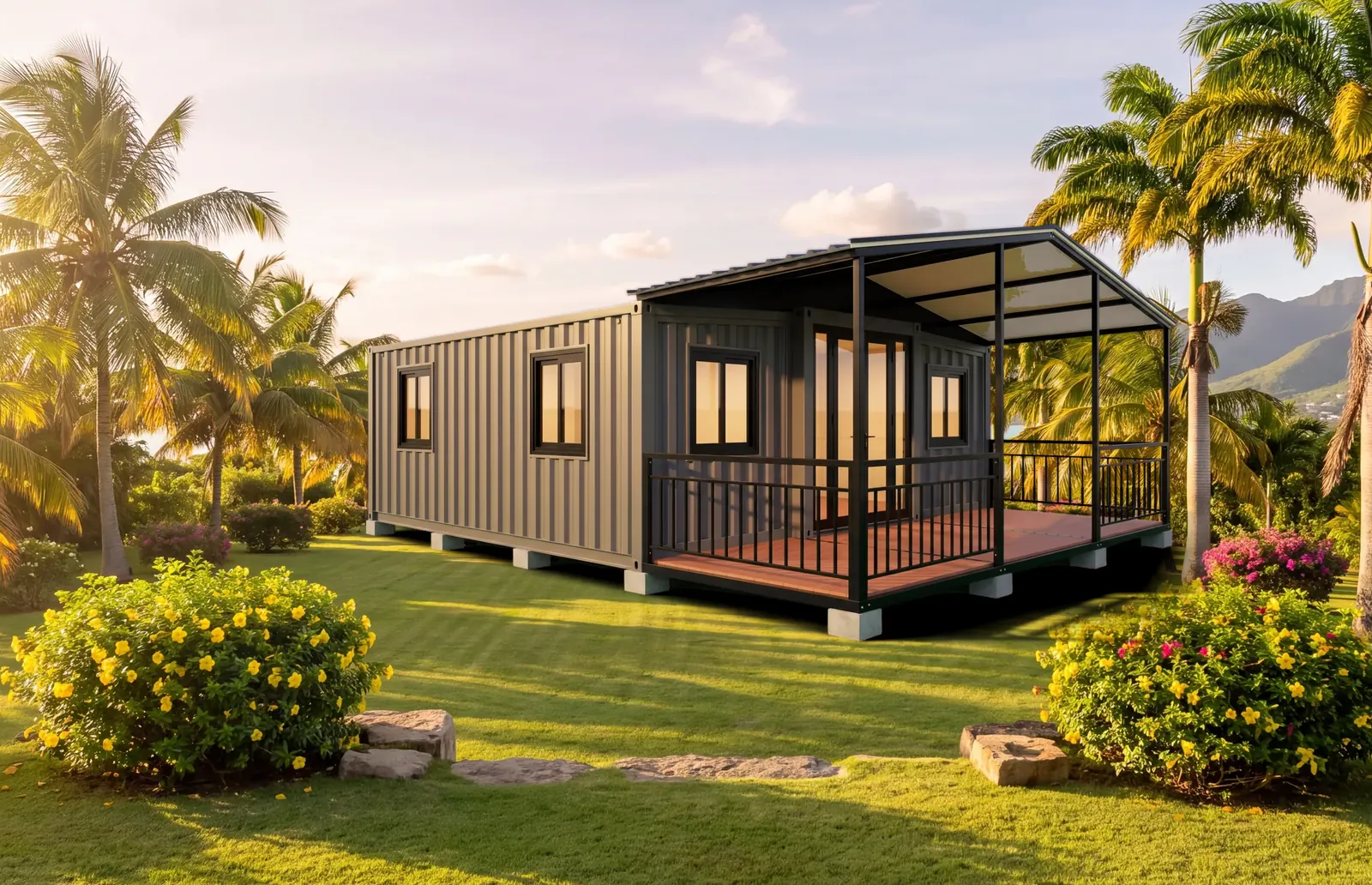Rendu du modèle renforcé Metalkaz de 37 m² avec sa terrasse couverte, sur une pelouse tropicale entourée de palmiers